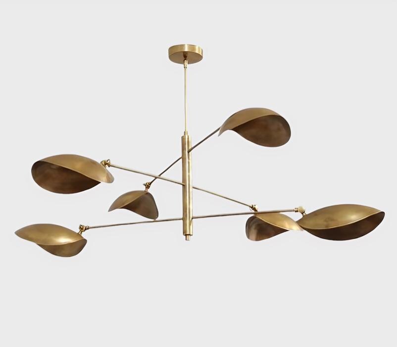 Mid Century Modern Curved Disk Chandelier, 6 Light Leaf Shade Sputnik Brass Chandelier, Handmade Italian Style Vintage Ceiling Light Fixture