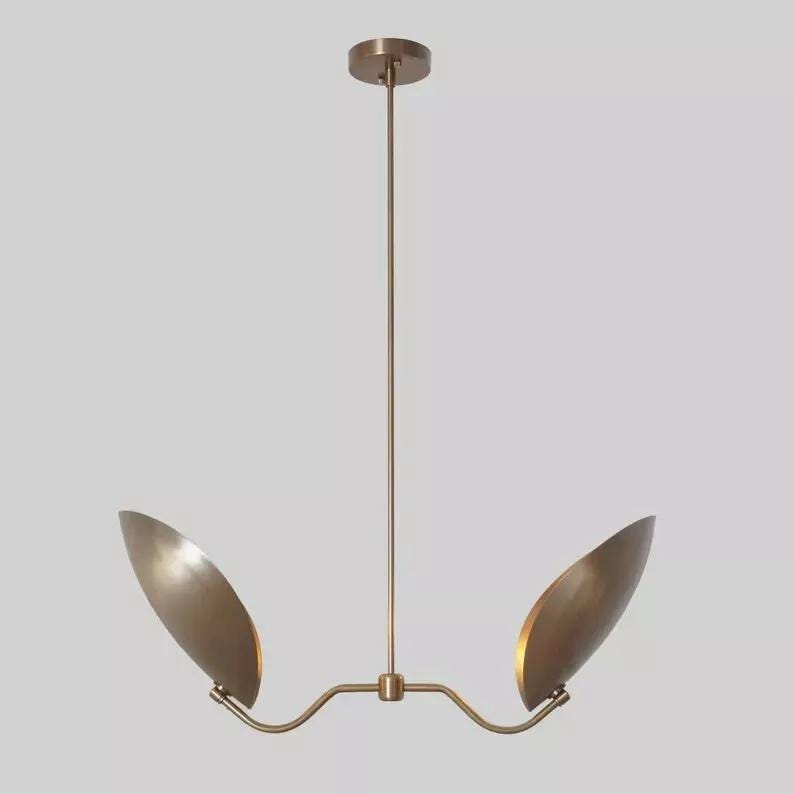 Mid Century Modern Brass Petal Chandelier, Sculptural Italian Inspired Handcrafted Dual Curved Shape 2 Light Ceiling Pendant Light Fixture