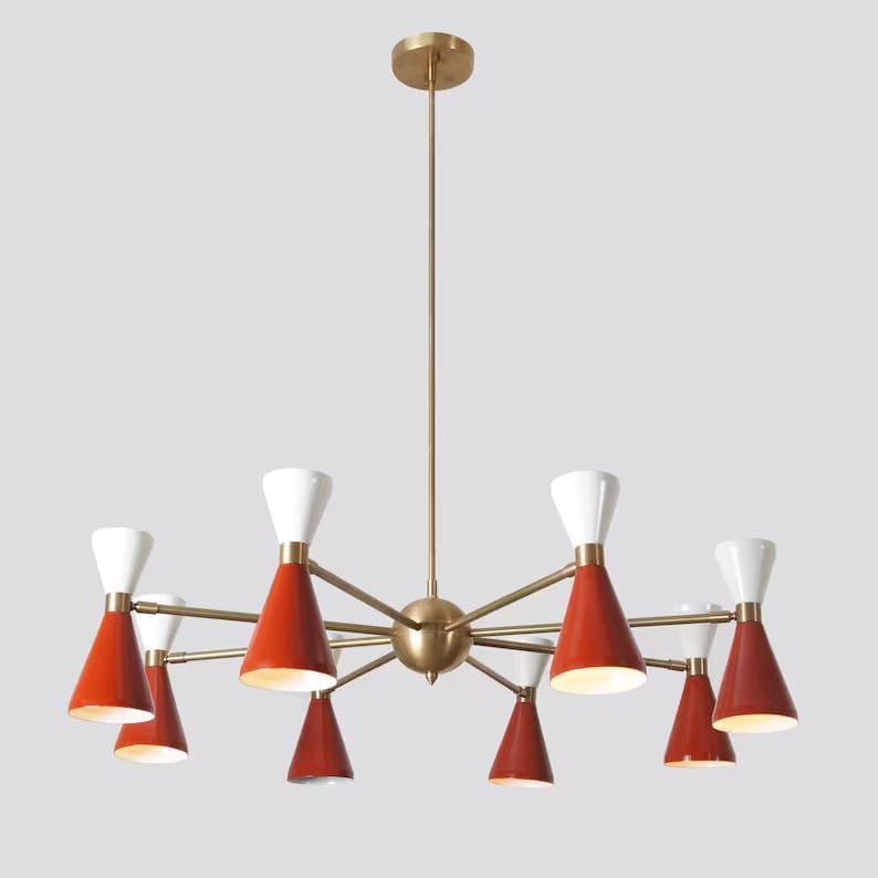 Stilnovo Style Double Shade 8 Arms 16 Lights Mid Century Modern Sputnik Chandelier, Handcrafted Solid Brass Chandelier Ceiling Light Fixture