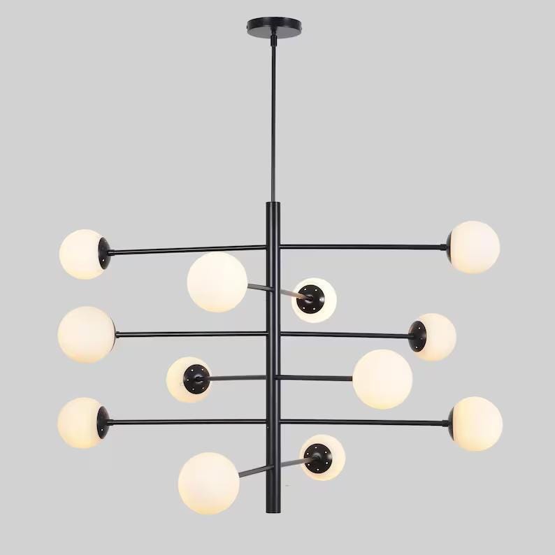 Minimalist Twelve Globe Light Mid Century Modern Sputnik Brass Chandelier, Handcrafted Glass Globe Design Pendant Ceiling Light Fixture