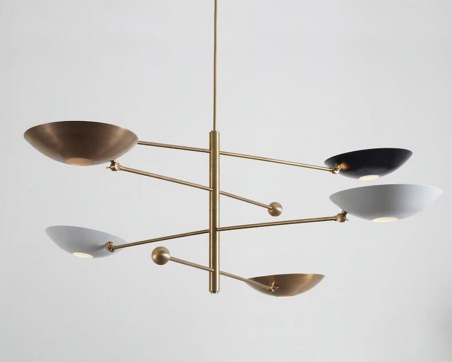 Counterbalance 5 Curved Disk Brass Chandelier, Mid Century Modern 5 Light Disk Shade Lamp, Stilnovo Counterweight Ceiling Light Fixture