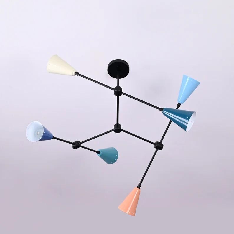 Adjustable Colorful Multi-shade Brass Chandelier, 6 Lights Modern Geometric Funky Color Ceiling Light, Contemporary Statement Light Fixture