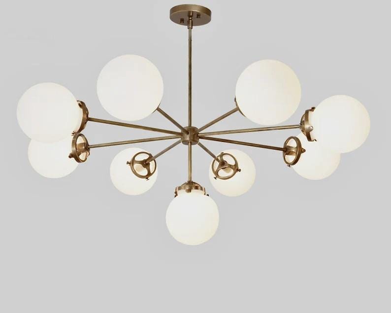 Gorgeous 9 Globe Mid Century Modern Chandelier, Handcrafted Lamp Ceiling Light, Brass Lights Glass Globe Design Pendant Light Fixture