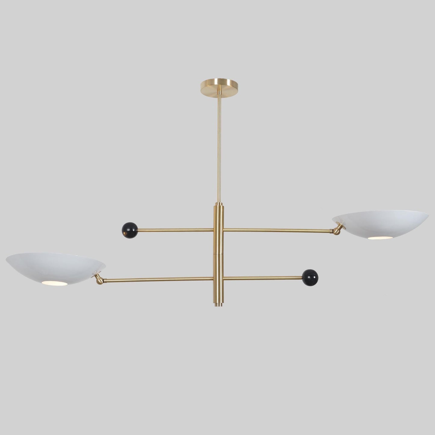 White Disk Shade Counterbalance Brass Chandelier, Mid Century Modern Stilnovo Style Counterweight Handcrafted Brass Ceiling Light Fixture