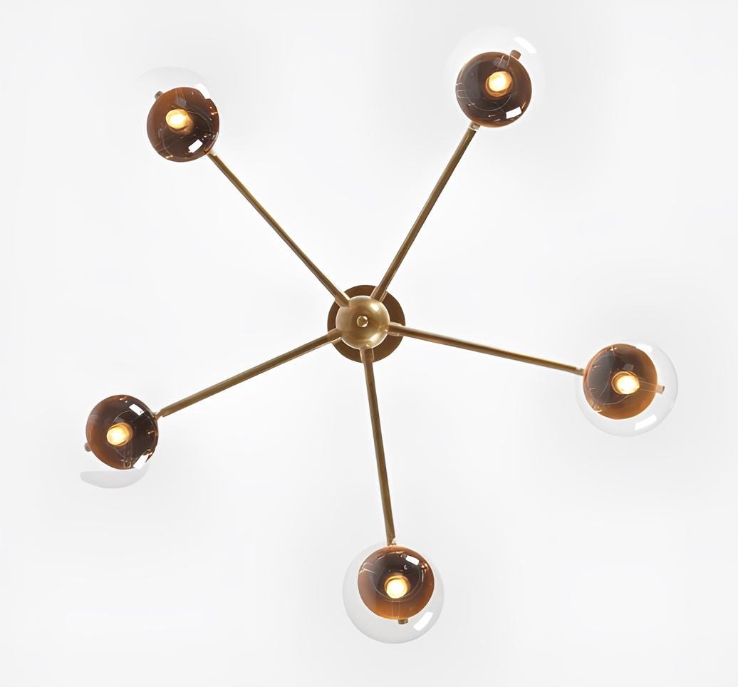5 Globe Mid Century Sputnik Chandelier, Handcrafted Modern Brass Chandelier Ceiling Light, Elegant Glass Globe Design Pendant Light Fixture