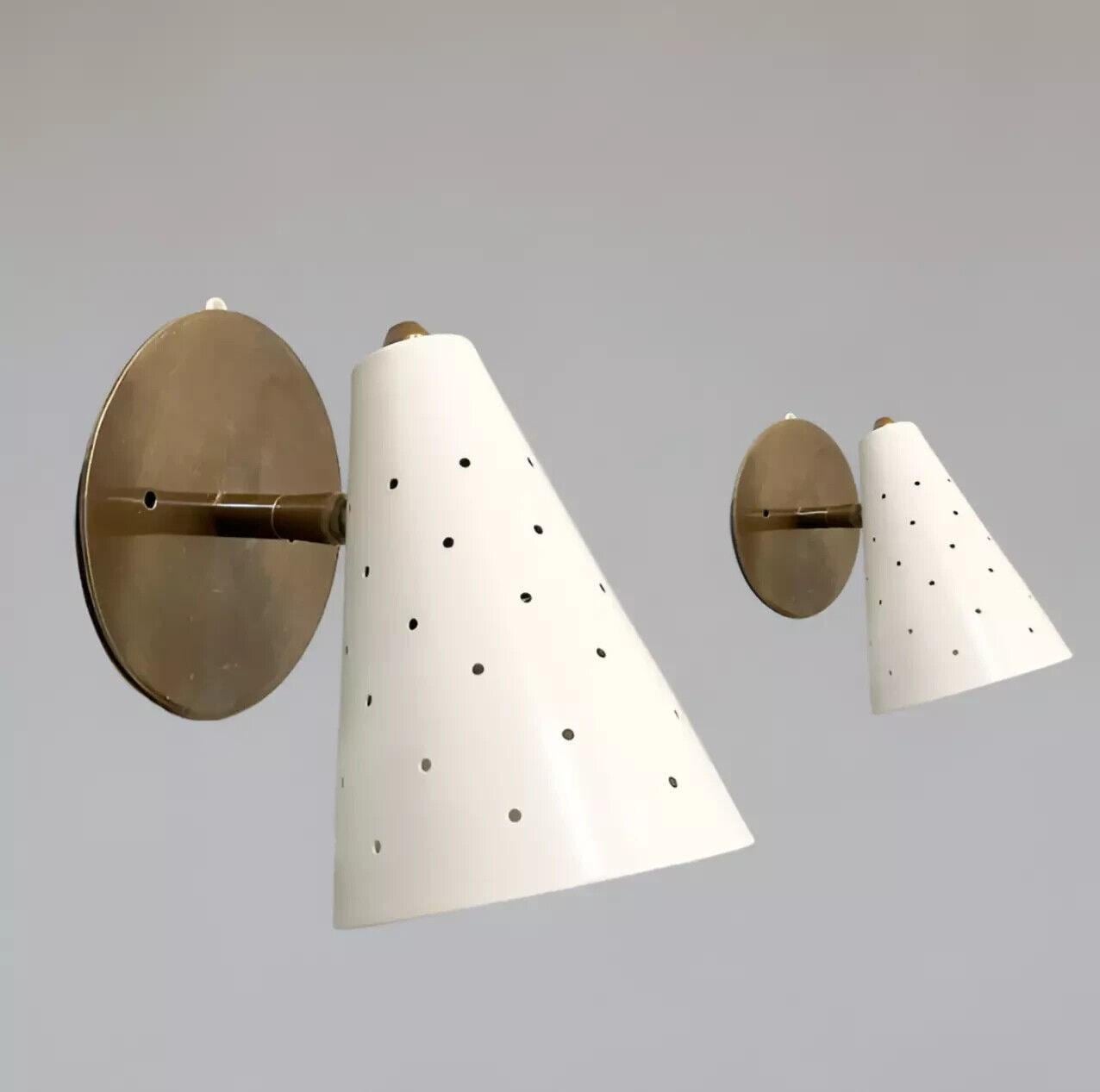 Perforated Conical Enamel Pivot Wall Sconce, Mid Century Modern Brass Single Light Wall Lamp, Handmade 1950s Style Adjustable Reading Lamp