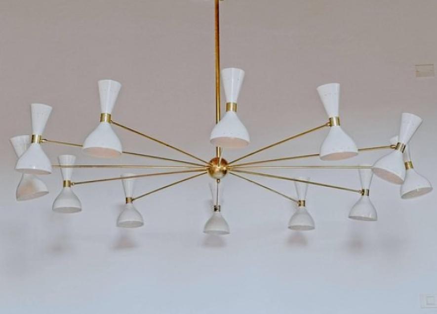 Large Stilnovo Style Diabolo Sputnik Chandelier, 12 Arms 24 Lights Mid Century Modern Brass Sputnik Ceiling Light Fixture, Statement Light