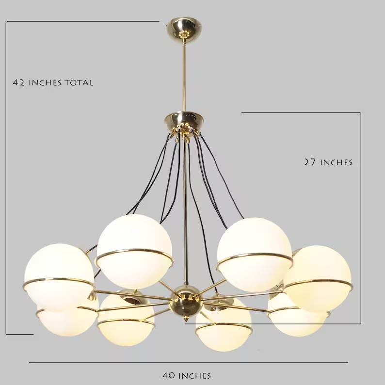 Sarfatti Style Sputnik Globe Chandelier, Mid Century Modern Italian Design 8 Globe Brass Chandelier, Handcrafted Bubble Glass Globe Lighting