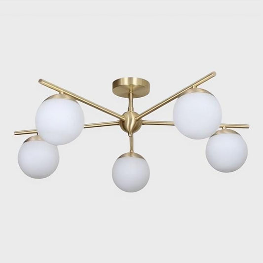 5 Globe Mid Century Sputnik Chandelier, Handcrafted Modern Brass Chandelier Ceiling Light, Elegant Glass Globe Design Pendant Light Fixture