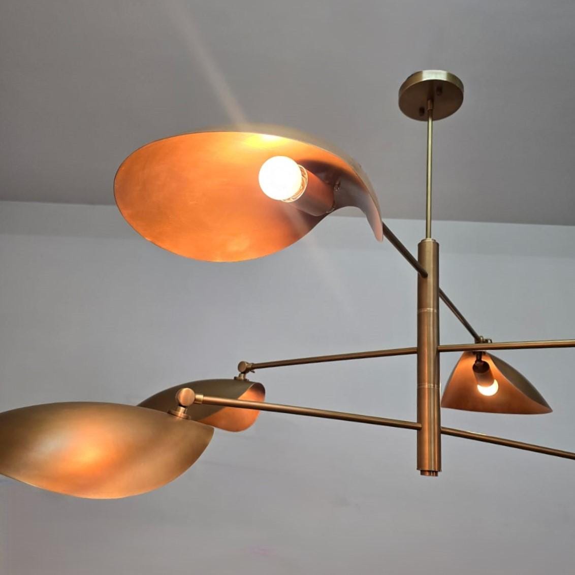 Mid Century Modern Curved Disk Chandelier, 6 Light Leaf Shade Sputnik Brass Chandelier, Handmade Italian Style Vintage Ceiling Light Fixture