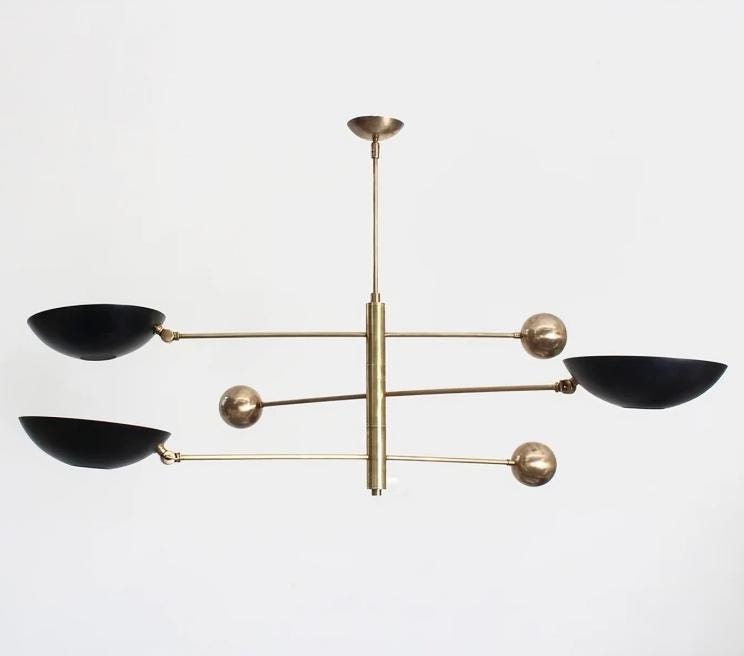 Stilnovo Style Adjustable Counterbalance Ceiling Lamp, Italian Counterweight 3 Shade Brass Chandelier,  1960s Inspired Mid Century Light