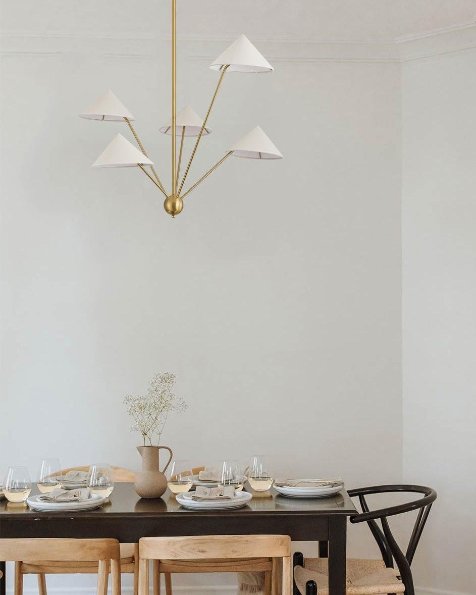 Italian Linen Shade Mantis Chandelier Brass Sputnik Chandelier, Mid Century Modern Conical Ceiling Light Fixture Art Deco Wabi Sabi 5 Lights