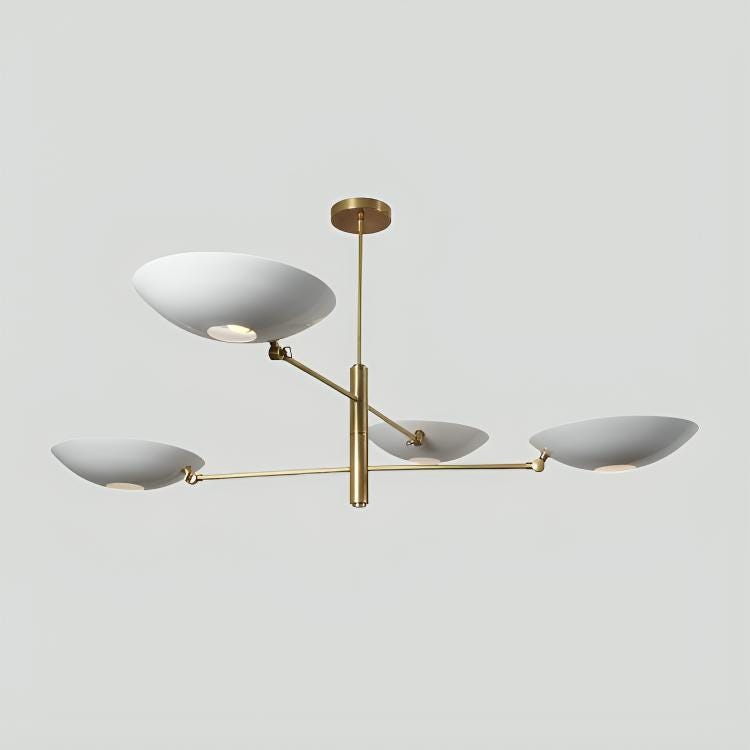 White Disk Counterbalance Shade Brass Chandelier, Mid Century Modern Stilnovo Style Counterweight Handcrafted Brass Ceiling Light Fixture