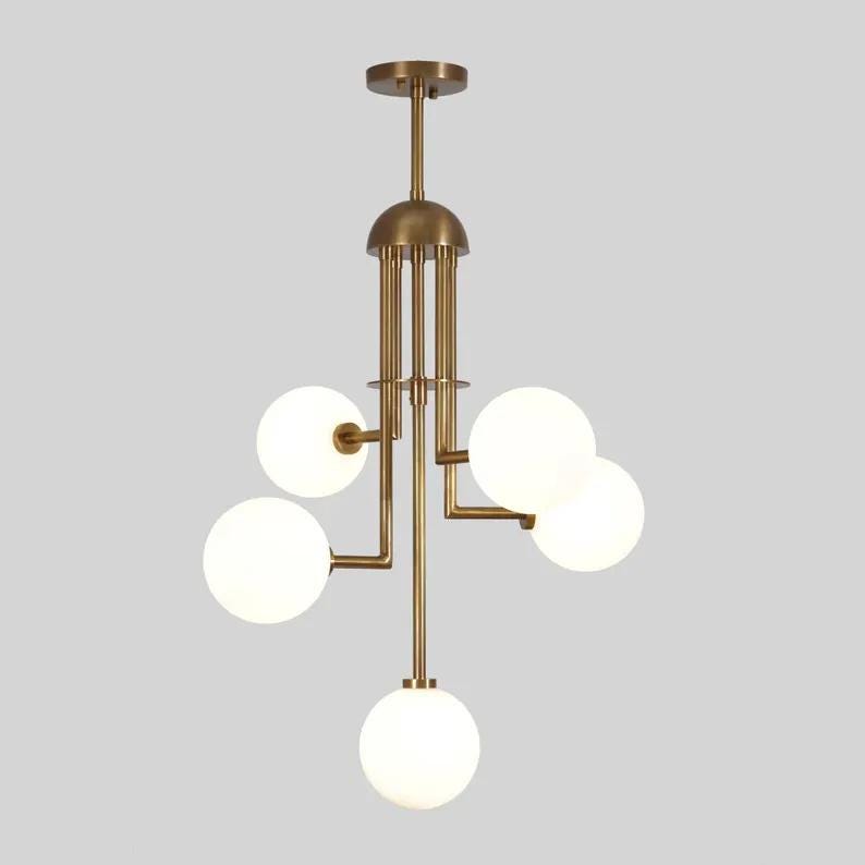 Handcrafted Five Globes Mid Century Modern Sputnik Chandelier, Stilnovo Style Ceiling Light Fixture, Brass Frame Glass Globe Chandelier