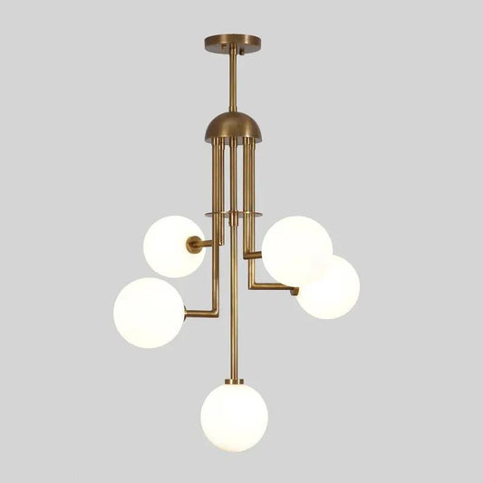 Handcrafted Five Globes Mid Century Modern Sputnik Chandelier, Stilnovo Style Ceiling Light Fixture, Brass Frame Glass Globe Chandelier