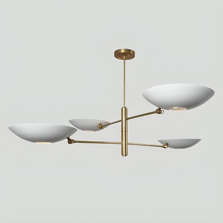 White Disk Counterbalance Shade Brass Chandelier, Mid Century Modern Stilnovo Style Counterweight Handcrafted Brass Ceiling Light Fixture