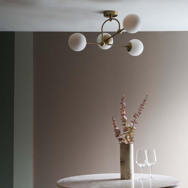 Semi-Flush Mount Arco Globe Chandelier, Mid Century Modern Low Ceiling Light Fixture, Glass Globes Dreamy Bubble Brass Chandelier 4 Lights