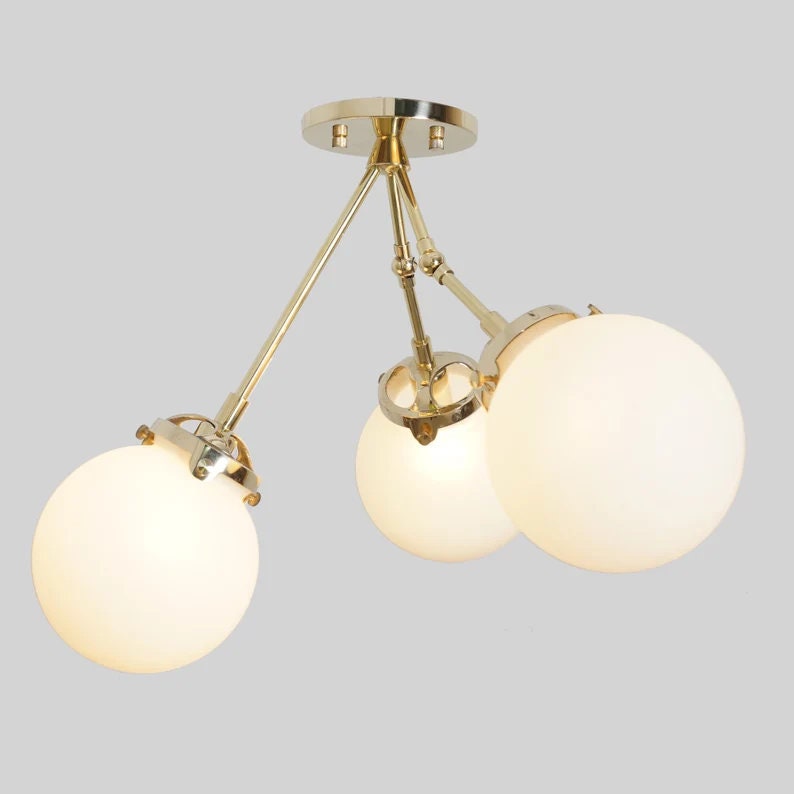 Mid Century 3 Globe Light Brass Ceiling Flush Mount, Sputnik Chandelier, Pendant Light Fixture Handcrafted Chandelier