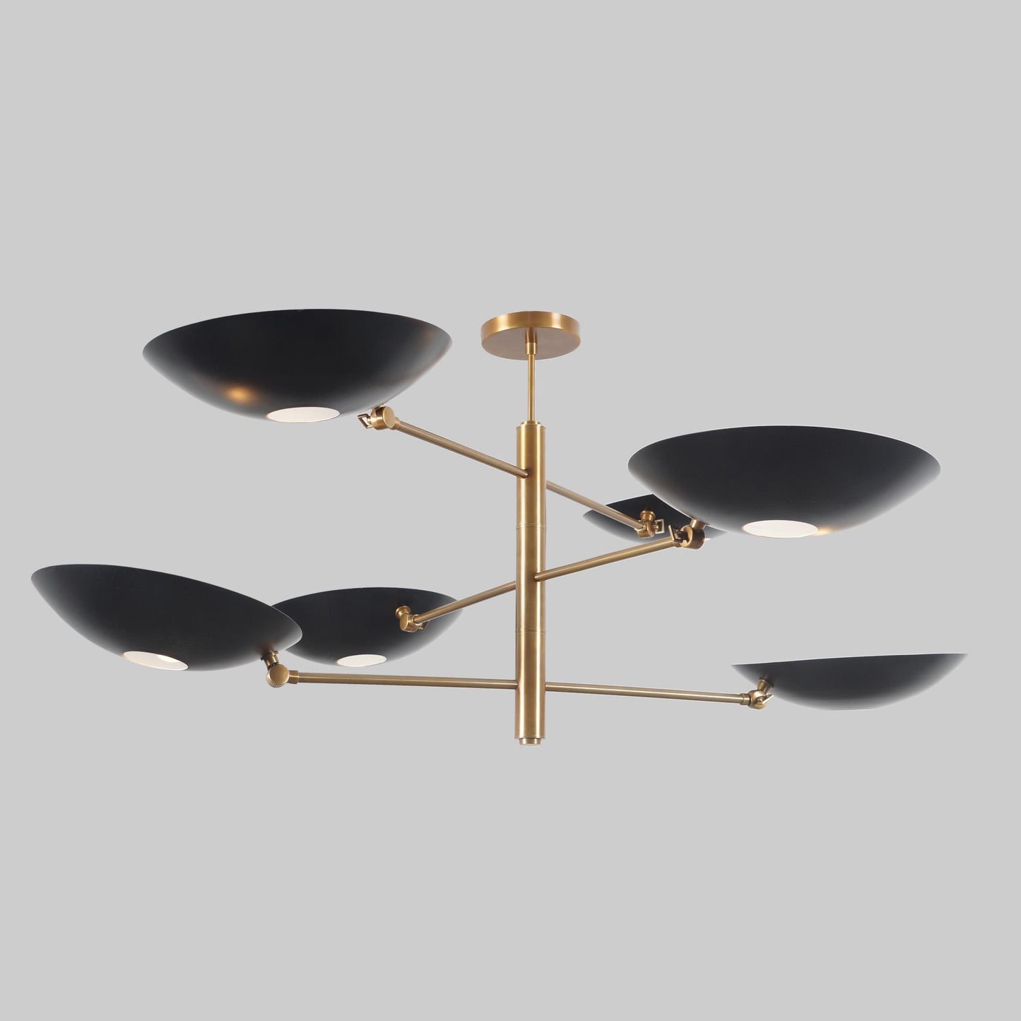 Counterbalance Six Disk Shade Brass Chandelier, Mid Century Modern Stilnovo Style Counterweight Handcrafted Brass Ceiling Light Fixture