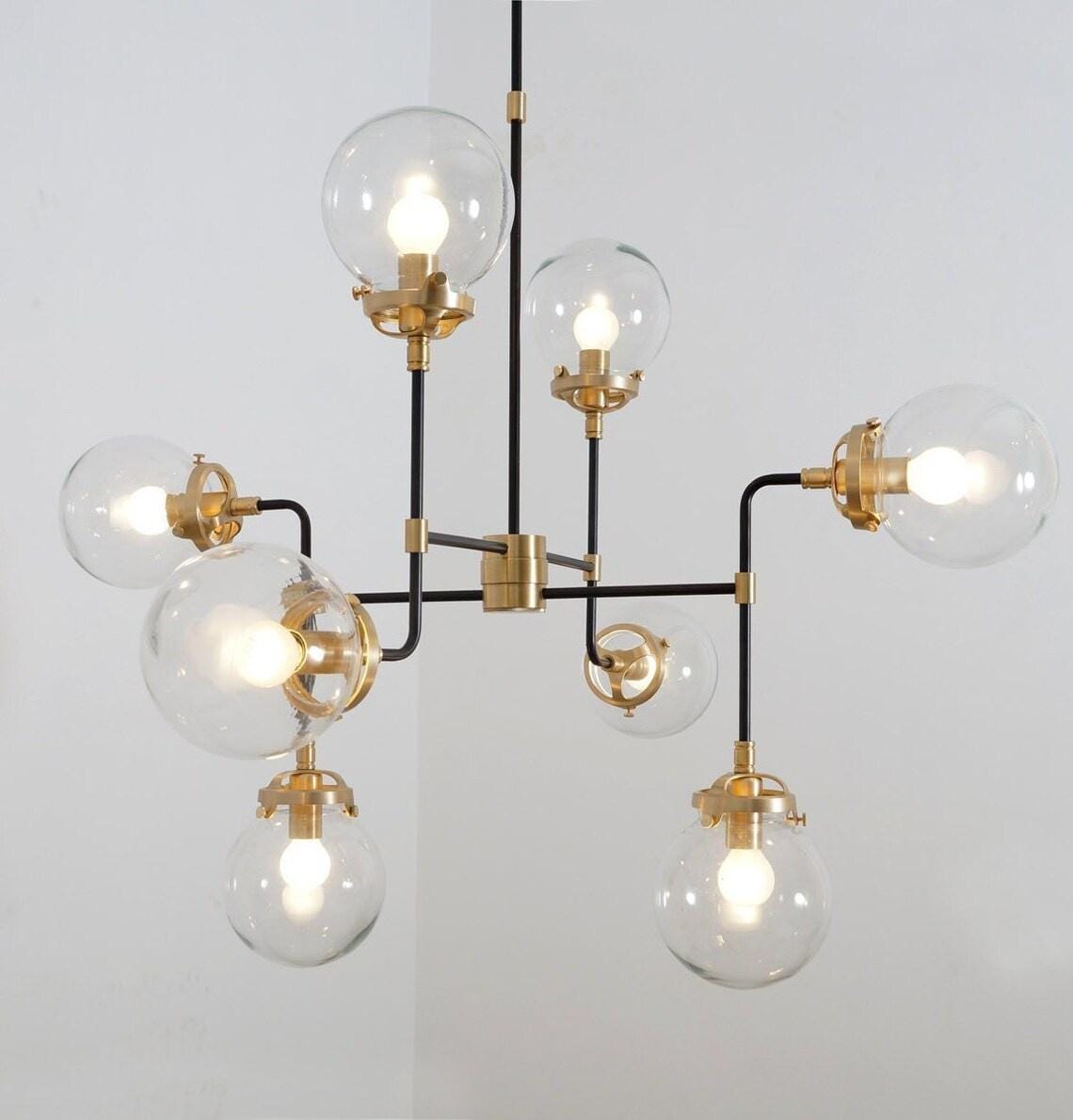 Modern Bistro Glass Globe Brass Chandelier, Handcrafted Bubble Ceiling Light, Mid Century Modern 8 Glass Globe Design Hanging Light Fixture