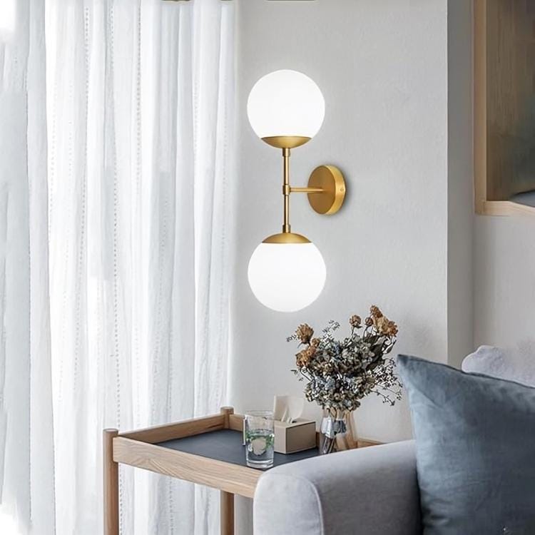Mid Century Modern Double Globe Low Ceiling Lamp Light, Handcrafted Glass Globes Brass Wall Sconce Hallway Passage Entrance Bathroom Bedroom