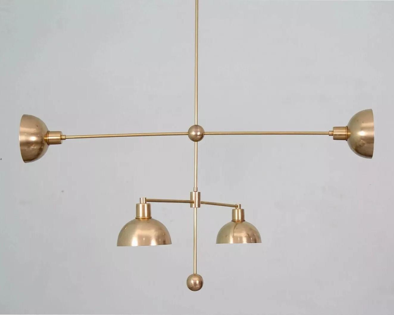 Modern Asymmetrical Dome Shade Brass Chandelier, Handcrafted Contemporary Bowl Shade Designer Brass Ceiling Hanging Fixture 4 Lights