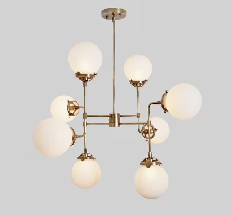 Mid Century Modern Bistro Globe Chandelier, Handcrafted Brass Bubble Ceiling Light, Modern 8 Glass Globe Hanging Light Fixture Art Deco