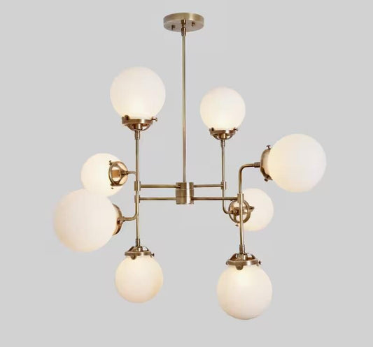 Mid Century Modern Bistro Globe Chandelier, Handcrafted Brass Bubble Ceiling Light, Modern 8 Glass Globe Hanging Light Fixture Art Deco