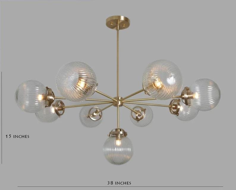 Mid Century Modern 9 Ribbed Glass Globe Chandelier, Handcrafted Lamp Ceiling Light, Brass Lights Glass Globe Design Pendant Light Fixture