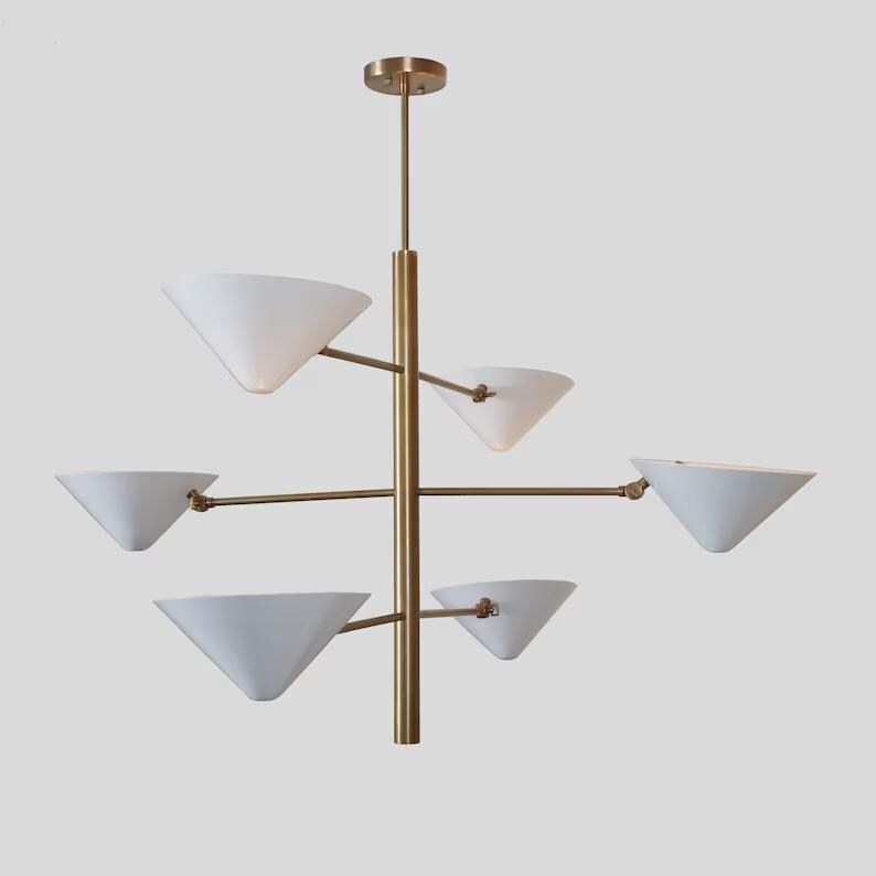 Six Arms Cone Shade Stilnovo Style Mid Century Modern Brass Sputnik Chandelier, Custom Multi Arm Contemporary Handcrafted Light Fixture
