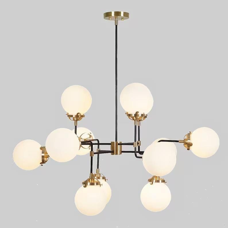 Large Bistro Glass Globe Mid Century Modern Chandelier, Handcrafted Brass Ceiling Light, Modern 12 Glass Globe Design Hanging Light Fixture