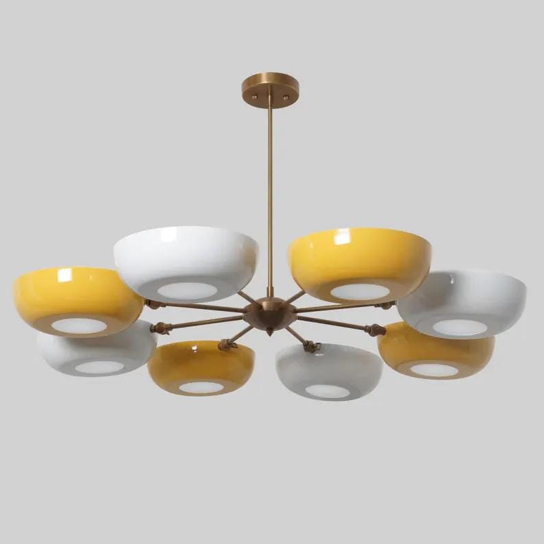 Stilnovo Flower Bowl Shade Chandelier, Mid Century Modern Brass Light, 8 Light Alternative Color Flower Petal Handmade Ceiling Light Fixture