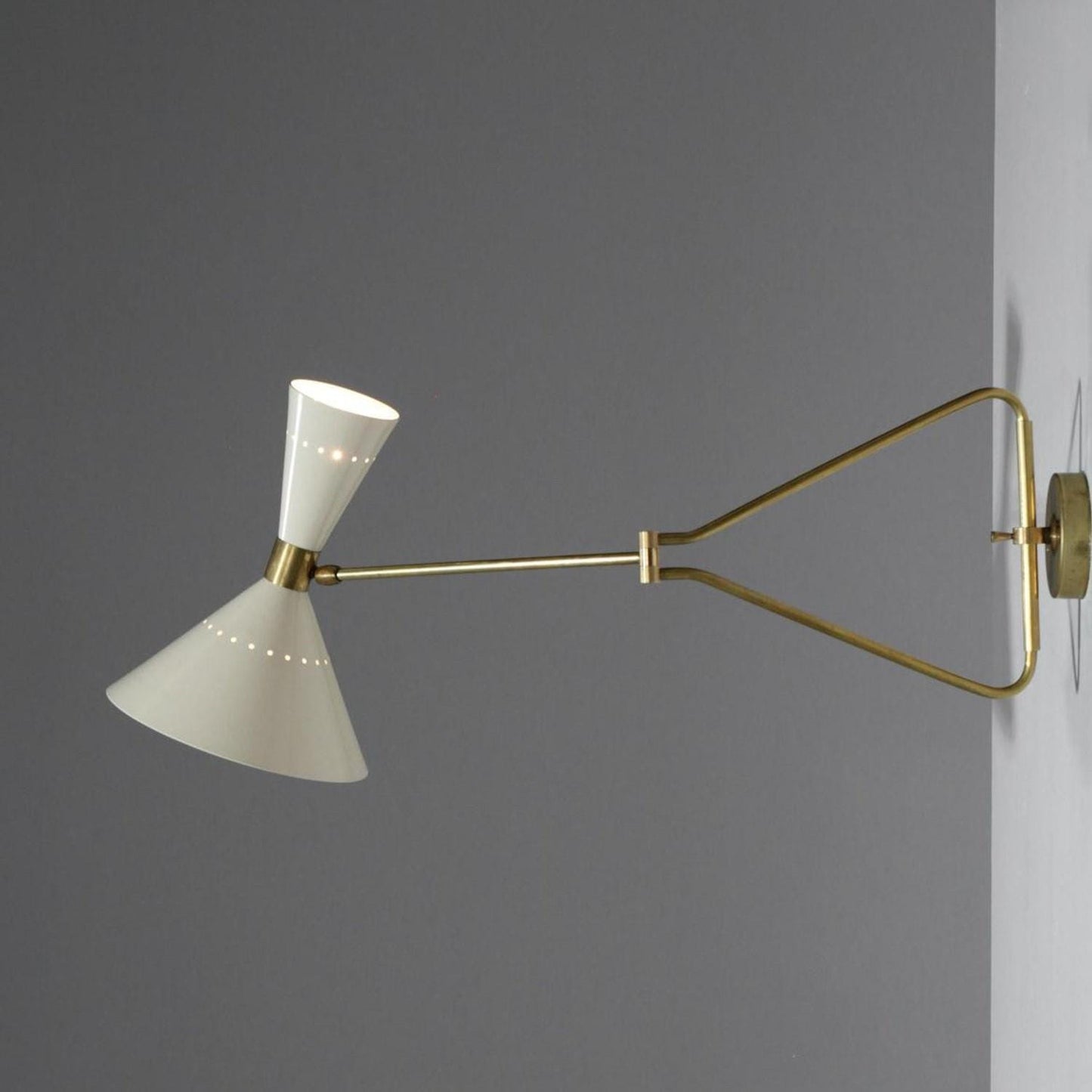 Stilnovo Adjustable Swing Arm Wall Light, Mid Century Modern Italian Diabolo Cone Shape Brass Wall Sconce, Industrial Design Reading Lamp