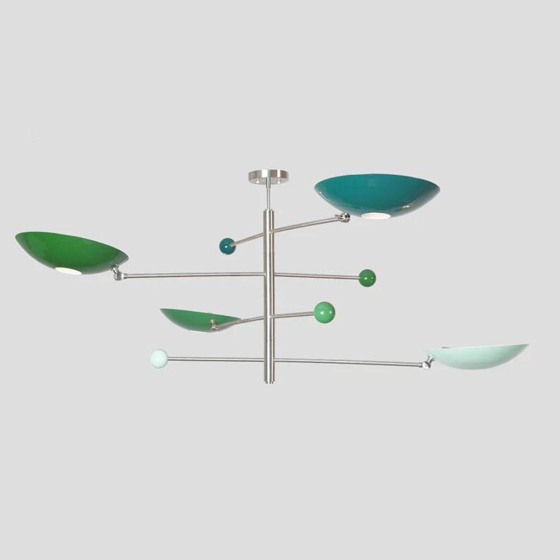 Stilnovo Counterbalance Multicolor Disk Chandelier, Mid Century Modern 4 Shade Sputnik Brass Chandelier, Counterweight Ceiling Pendant Light