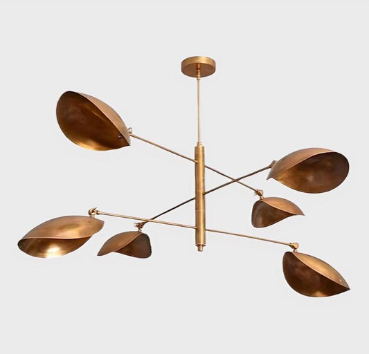 Mid Century Modern Curved Disk Chandelier, 6 Light Leaf Shade Sputnik Brass Chandelier, Handmade Italian Style Vintage Ceiling Light Fixture