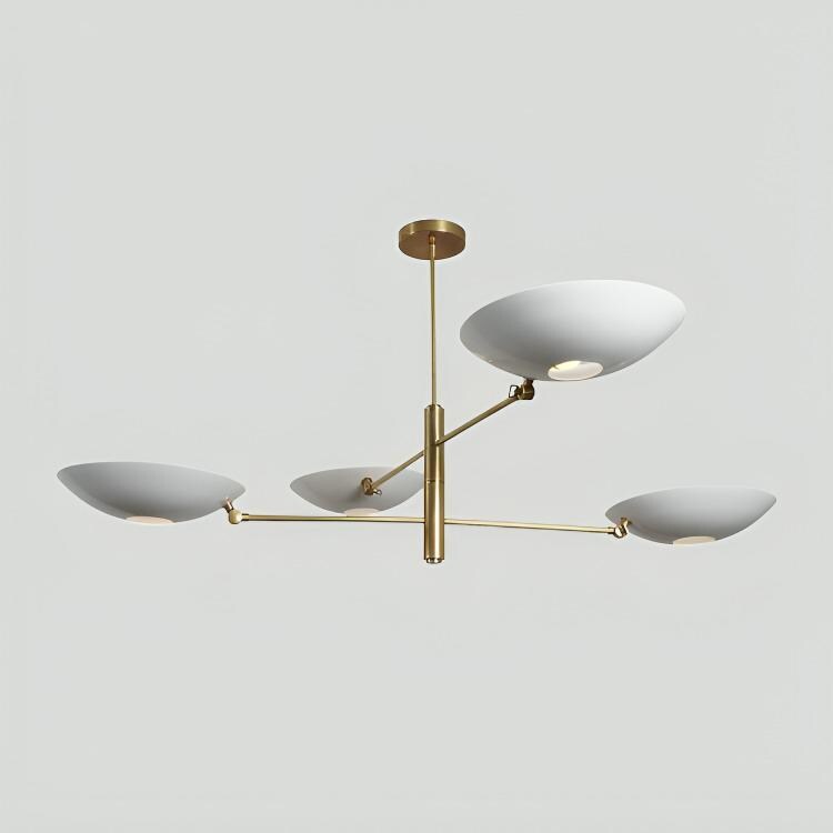 White Disk Counterbalance Shade Brass Chandelier, Mid Century Modern Stilnovo Style Counterweight Handcrafted Brass Ceiling Light Fixture