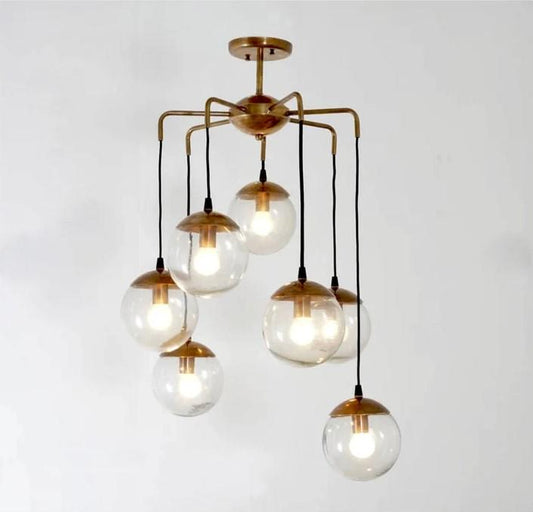 Mid Century Modern Bubbles Chandelier, Handcrafted Lamp Ceiling Lighting, Brass Lights Glass Globe Design Pendant Light Fixture
