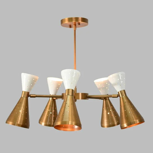 Stilnovo Style Diabolo Perforated Shade Chandelier, Mid Century Modern Sputnik Brass Chandelier, Custom Ceiling Light Fixture 5 Arm 10 Light