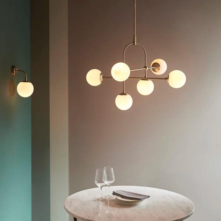 Elegant Arco Brass Globe Chandelier, Mid Century Modern Brass High Ceiling Light Fixture, Glass Globes Dreamy Bubble Chandelier 6 Lights