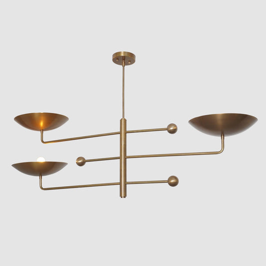 3 Lights Counterbalance Curved Disk Chandelier, Mid Century Modern Brass Sputnik Chandelier, Stilnovo Counterweight Pendant Light Fixture