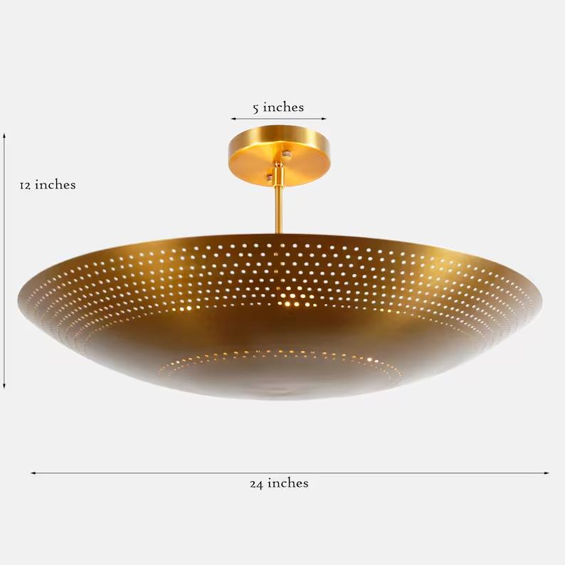 Dome Shade Perforated Tynell Style Inspired Ceiling Pendant Light, Mid Century Modern Rey Chandelier 6 Light Brass Light Fixture