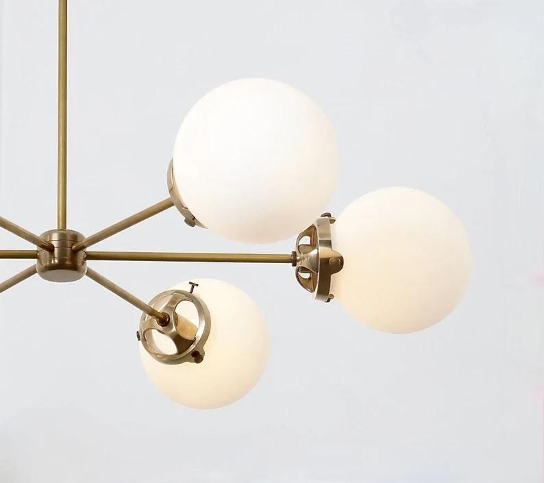 Gorgeous 6 Light Glass Globe Mid Century Sputnik Brass Chandelier, Modern Handcrafted Ceiling Light Pendant Light Fixture
